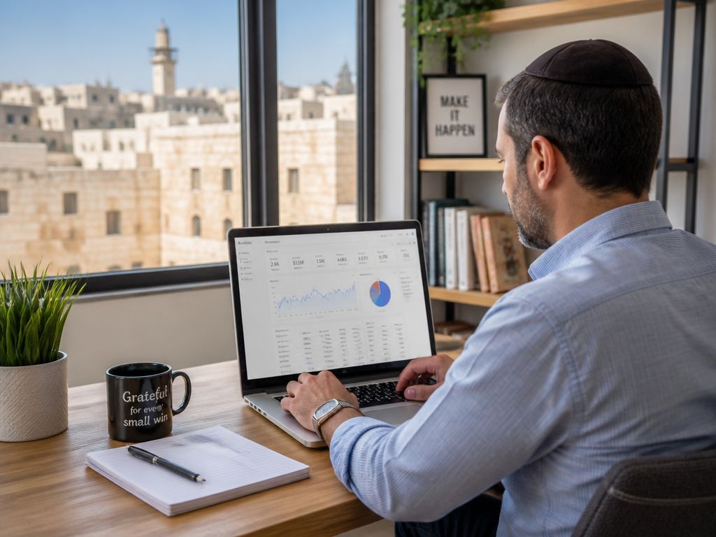 בעל עסק ישראלי בודק נתוני שיווק דיגיטלי במחשב